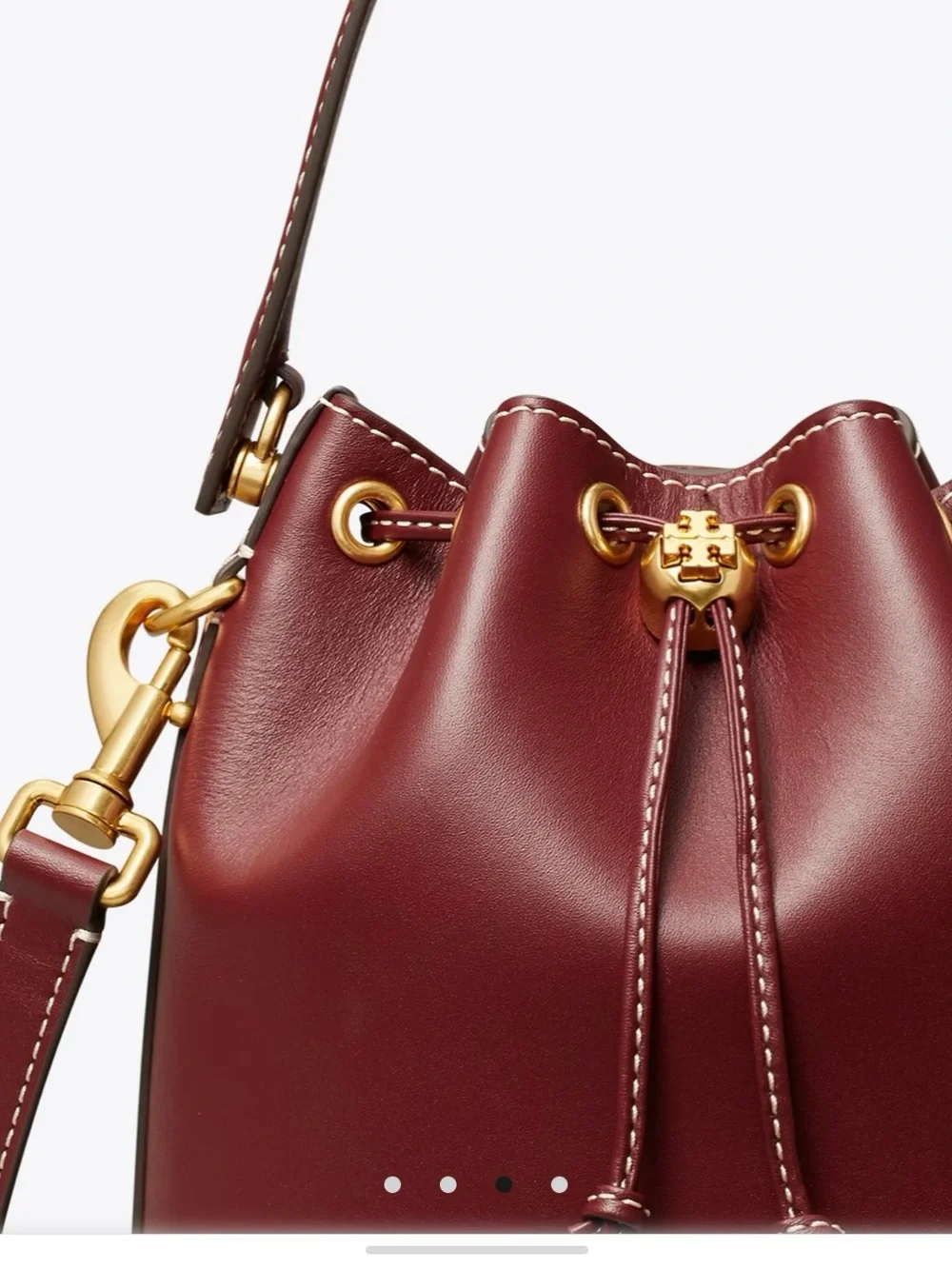 Tory Burch Leather Drawstring Bucket Bag with Gold Hardware in Huckleberry Color